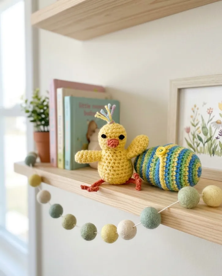 NiceLook result: the chick and the egg on a child's bedroom shelf with a felt ball garland