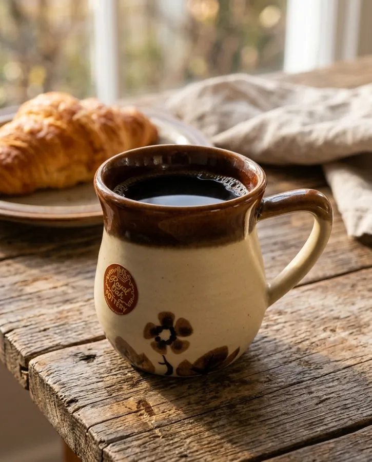 NiceLook result: the mug filled with coffee on a wooden table, with a croissant
