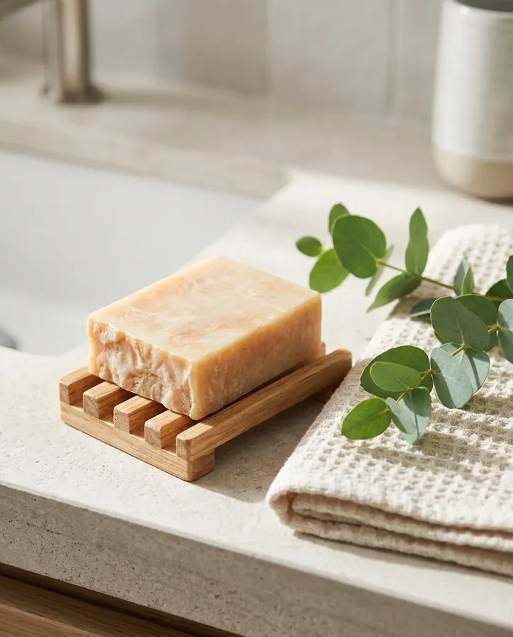 NiceLook result: the soap on a wooden soap dish, with a towel and eucalyptus
